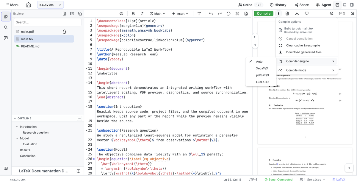 LaTeX build target, compiler engines, and compilation options