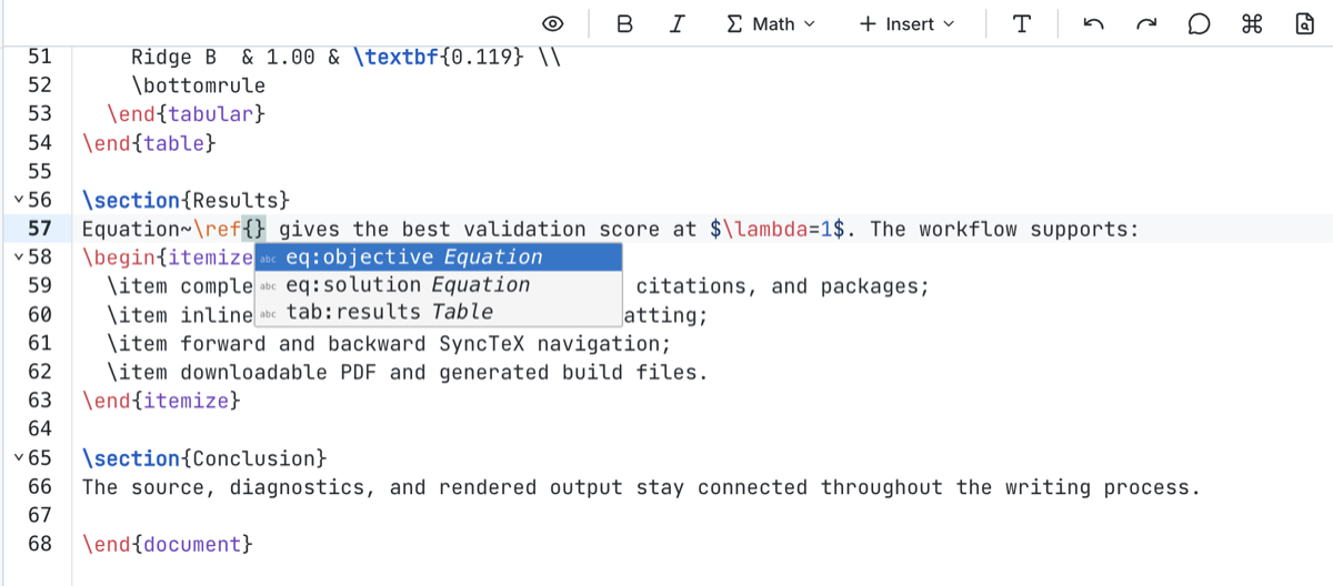 Project-aware reference completion in the LaTeX editor