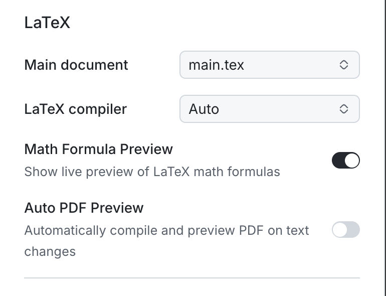 LaTeX settings for the main document, compiler, and previews